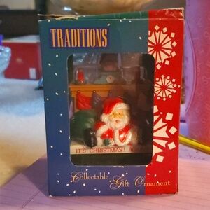 Vintage Christmas Tree Ornament Santa Sitting at Fireplace